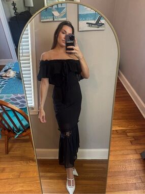 Nanette Lepore Black Off-Shoulder Ruffle Maxi Dress